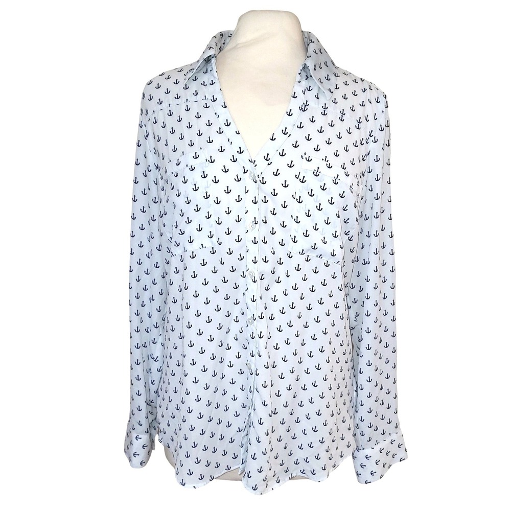 Express Portofino White Navy Anchor Pattern Nautical Career Button Up Blouse L